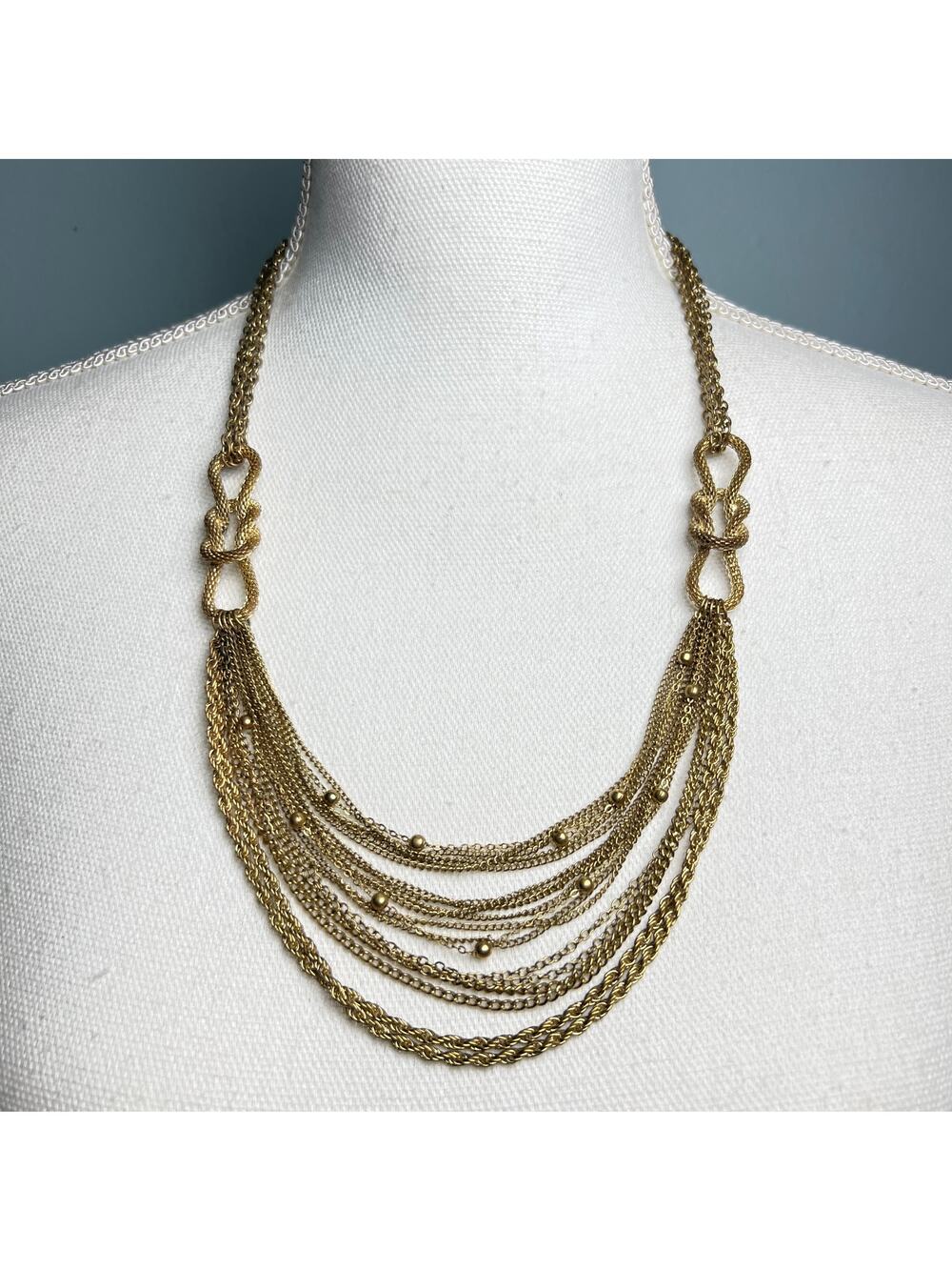 Vintage 1980s Liquid Gold Multi Strand Bib Necklace Nautical Knot Waterfall